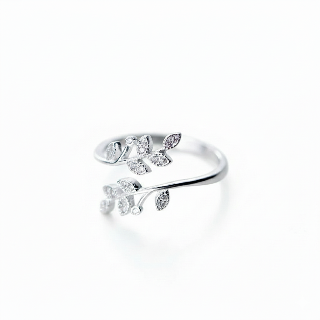 Bague Fine Motif Feuilles Moissanite | Argent Massif