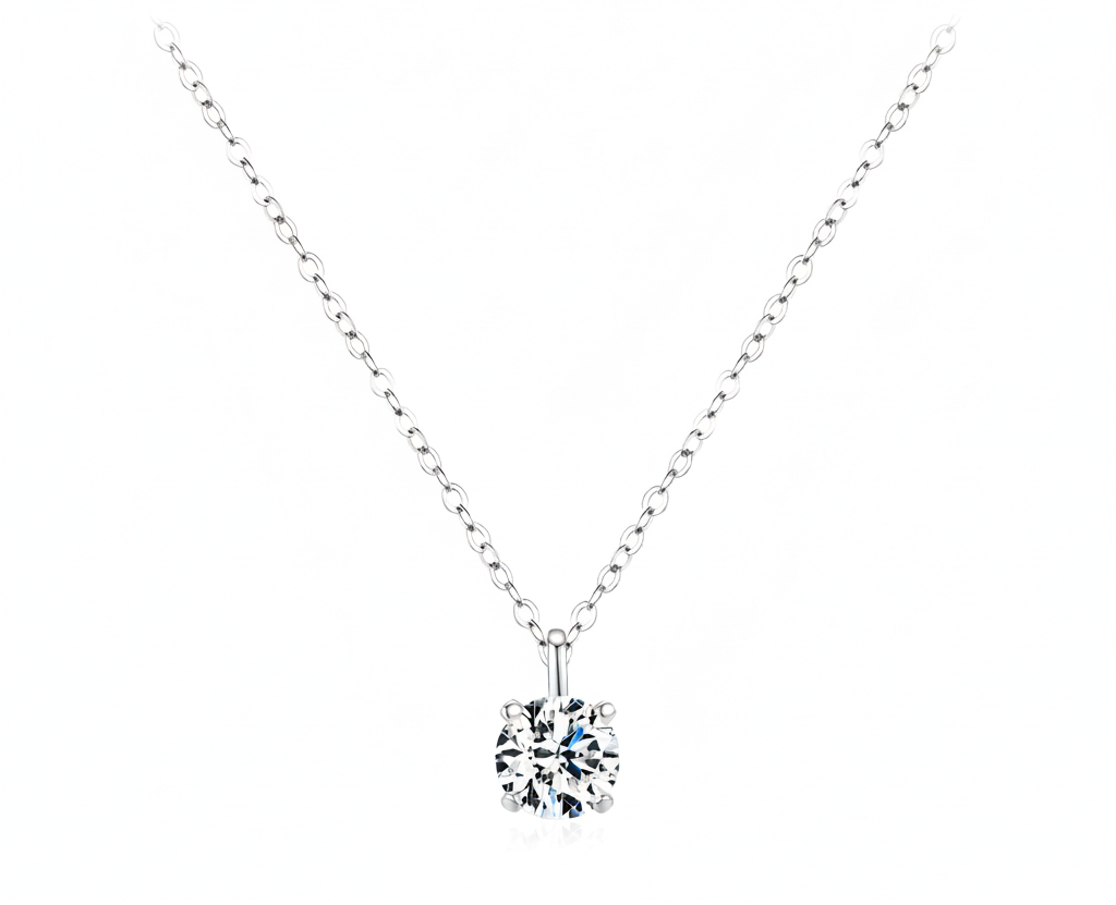 Collier Solitaire Rond Moissanite, Argent Massif
