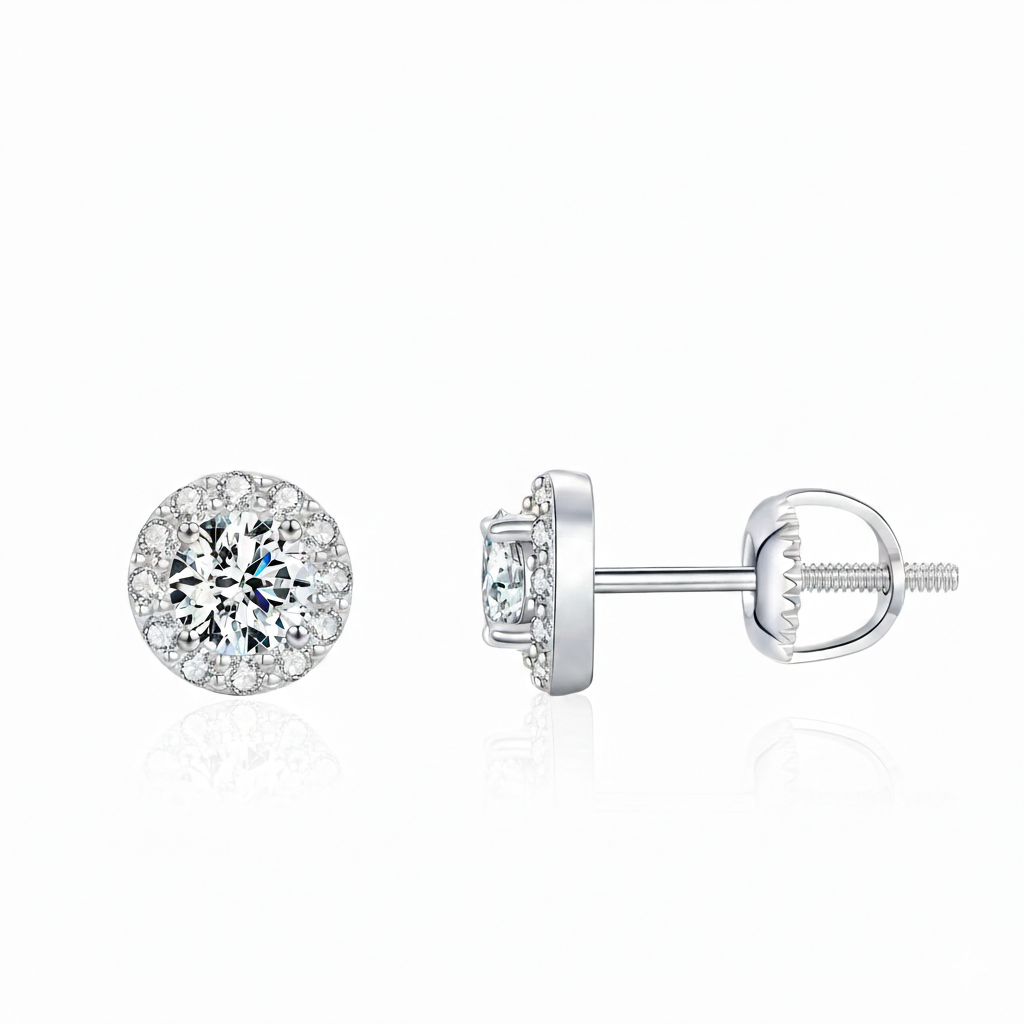Boucles d’Oreilles Clous Halo en Moissanite – Argent Massif