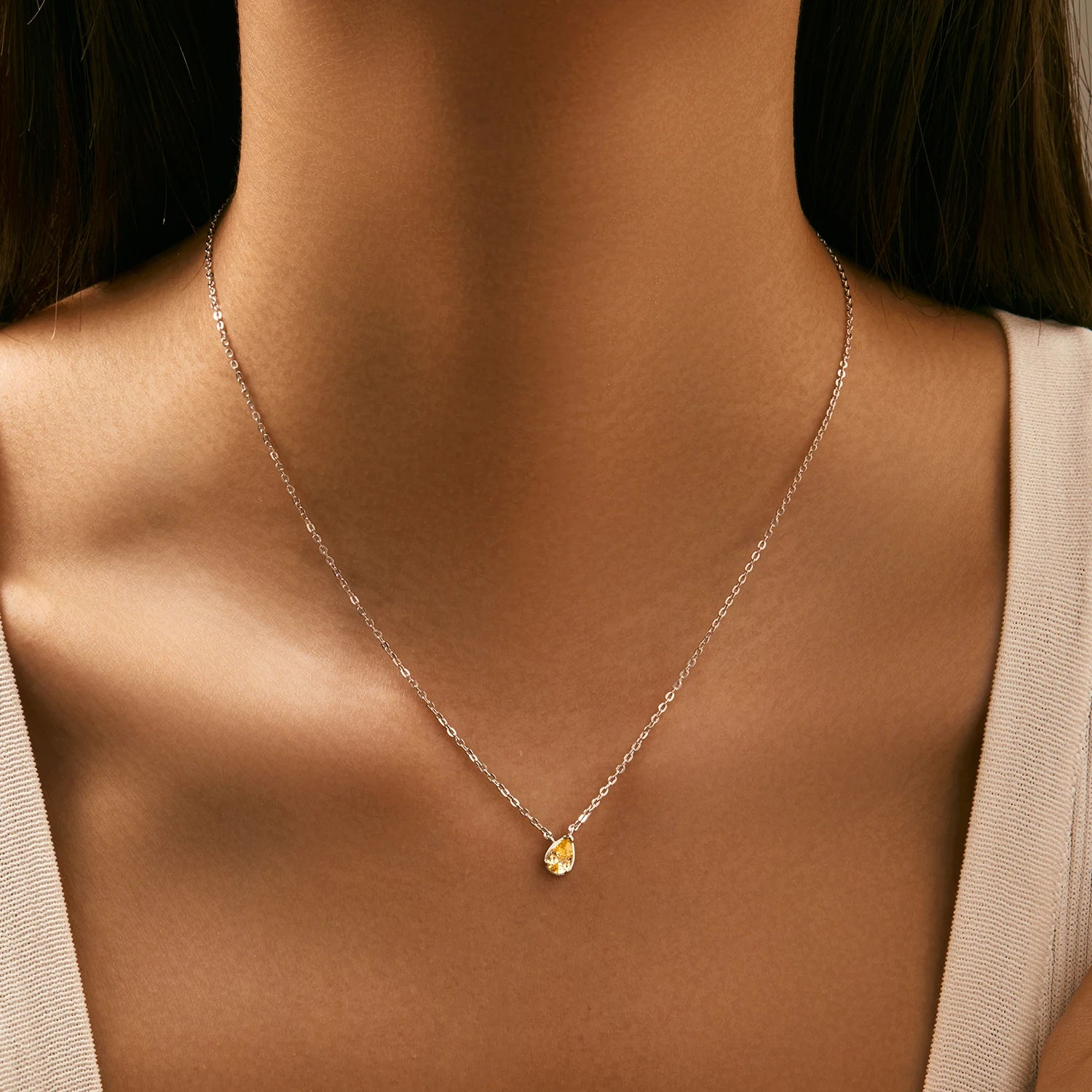 Collier Solitaire Ovale Zircon Jaune, Argent Massif